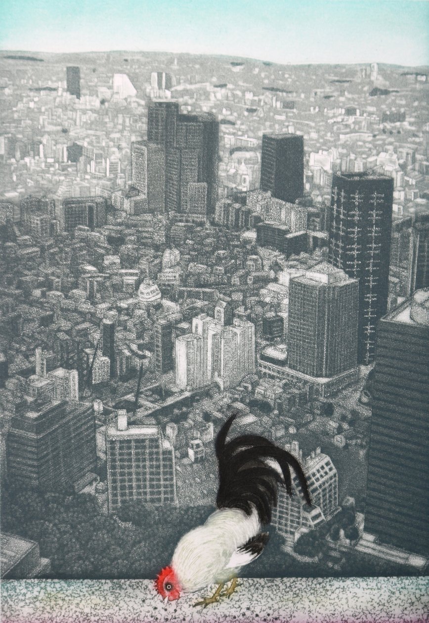 Il gallo di Jakucyu, 2009 (acquaforte) da Emiko Aida
