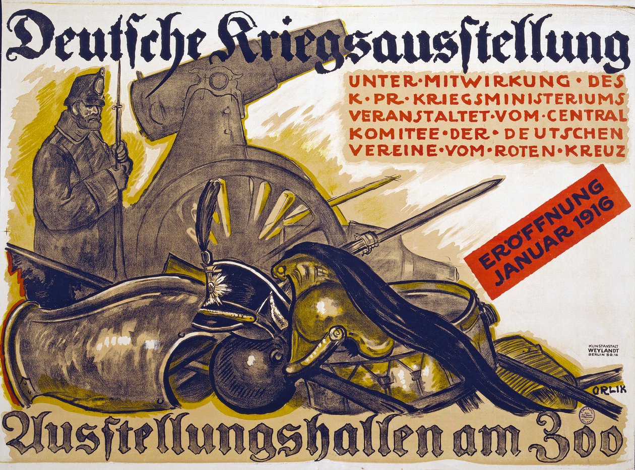 Poster pubblicitario di una Mostra di Guerra sponsorizzata dalla Croce Rossa Deutsche Kriegsausstellung, gennaio 1916 da Emil Orlik
