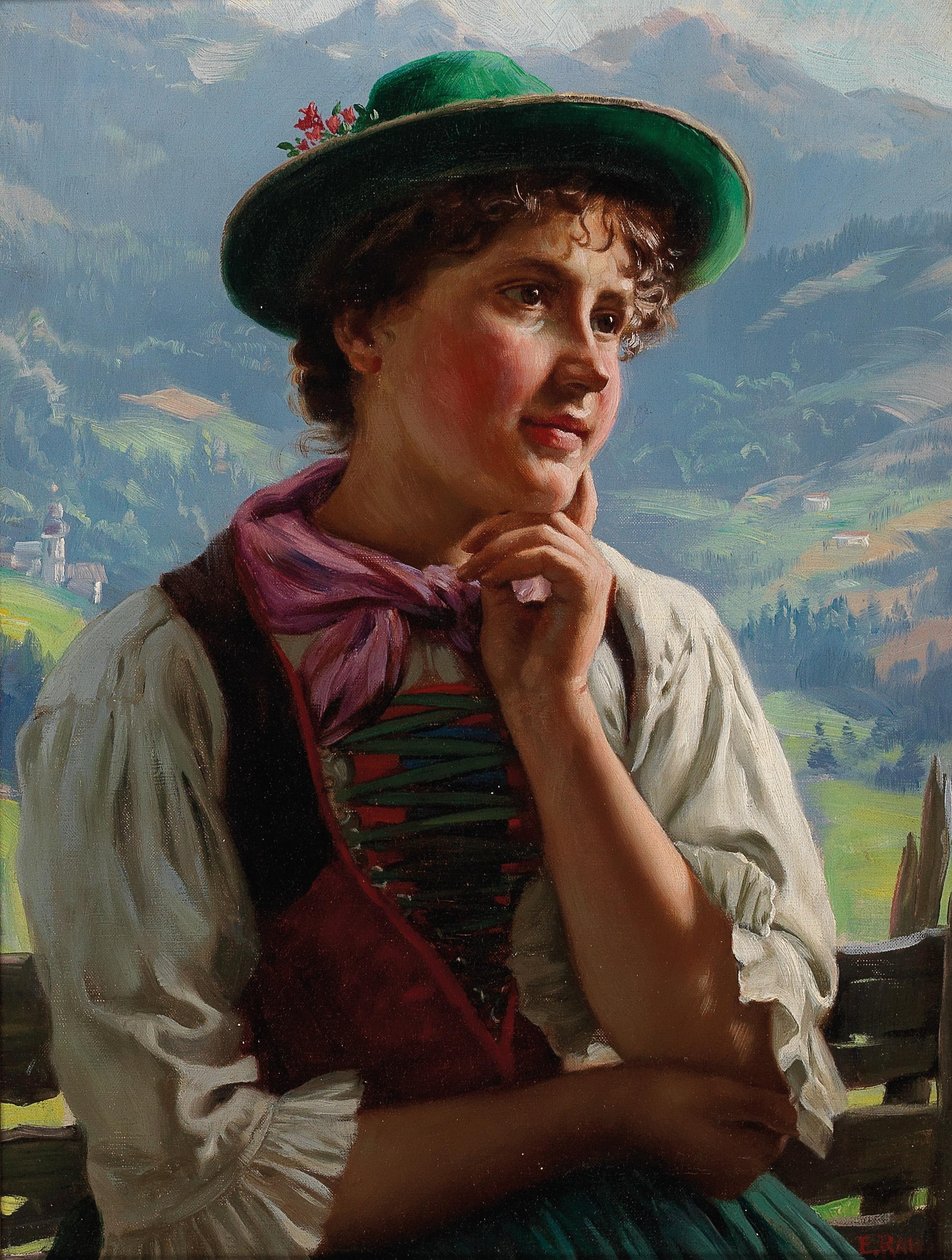 Ragazza in costume tradizionale in un paesaggio alpino da Emil Rau