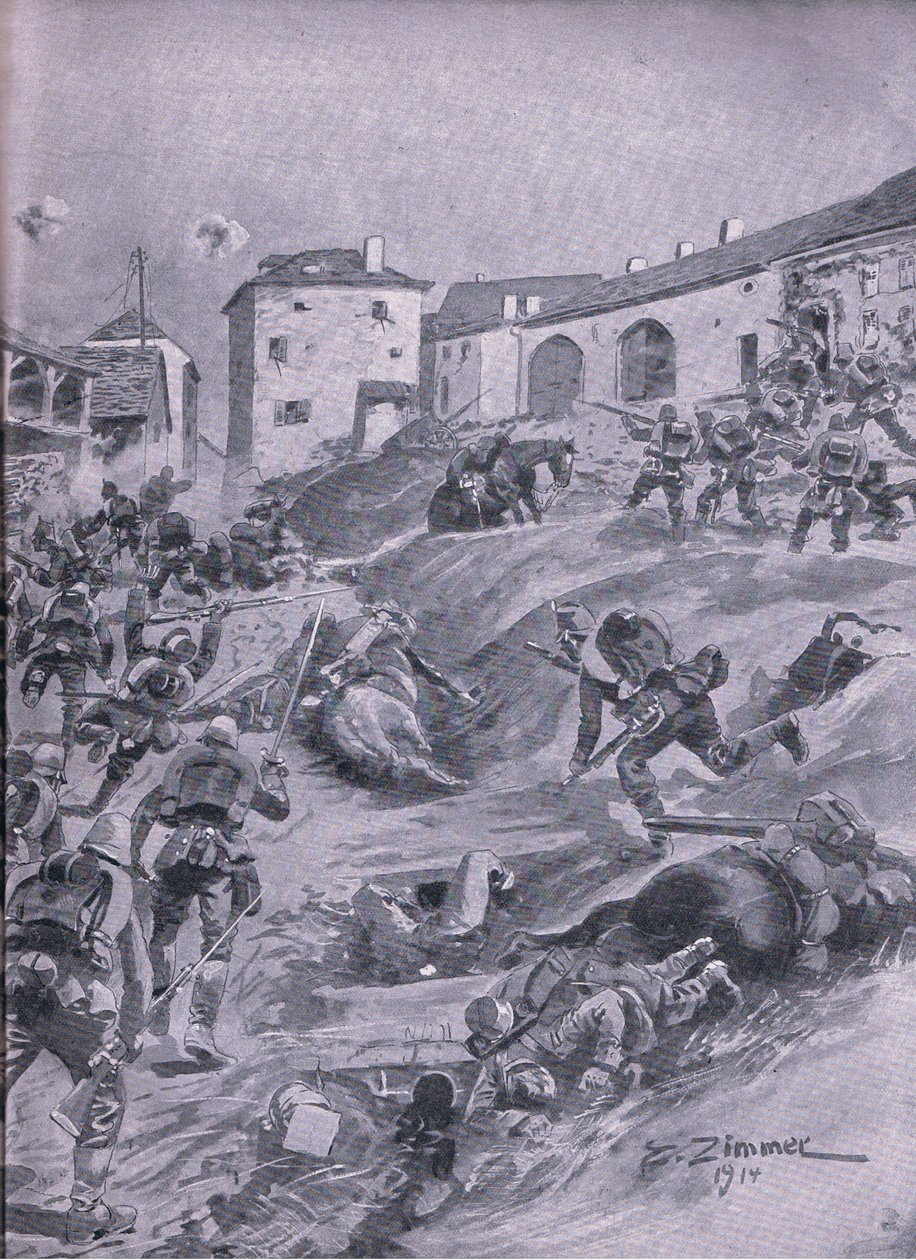 Il 2° Battaglione Cacciatori Bavaresi di Aschaffenberg a Lagarde agosto 1914, da La storia illustrata della guerra mondiale 1914-1915 pub. da Union Berlagsefellfchaft da Emil (after) Limmer