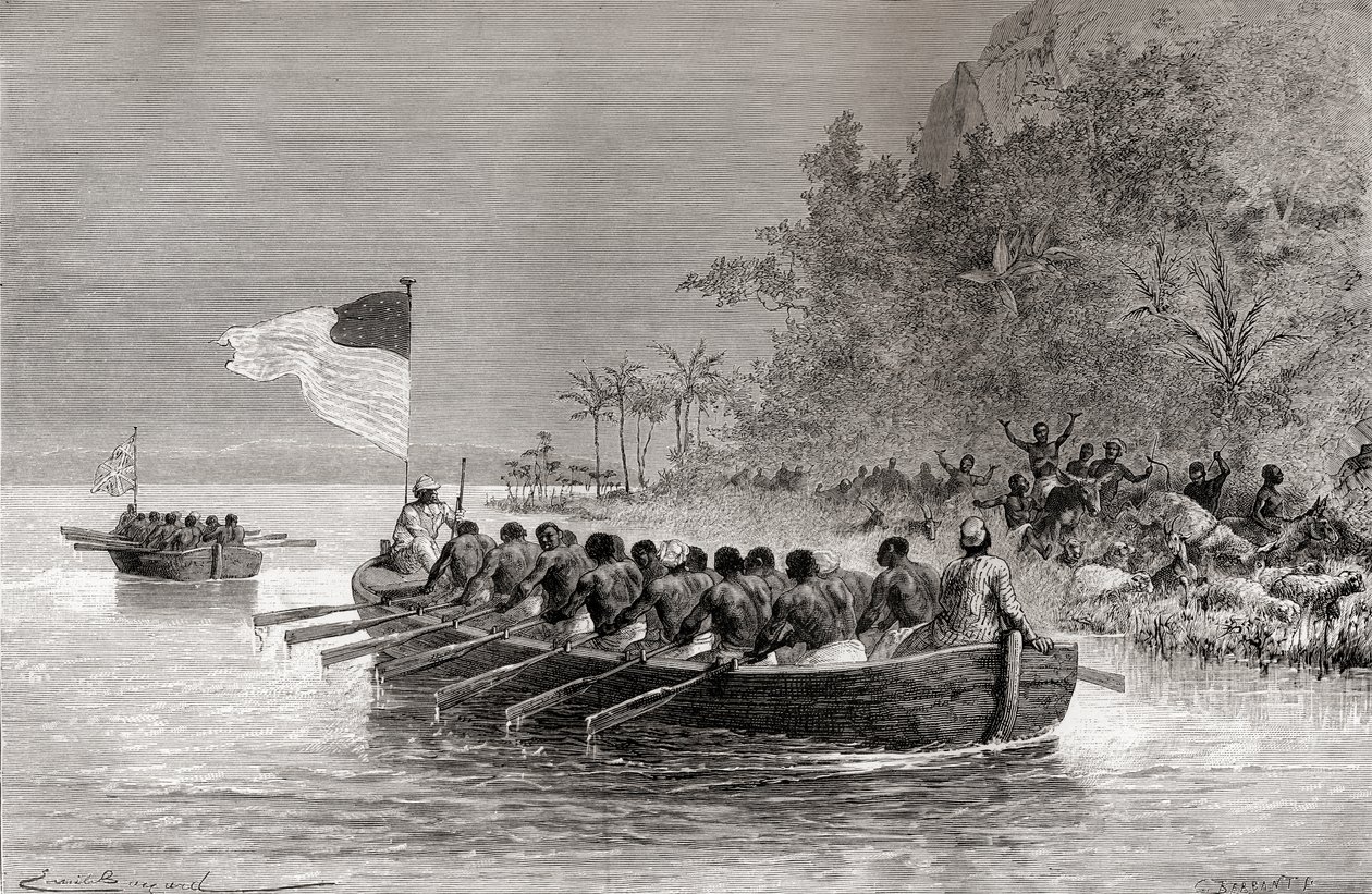 Dr. David Livingstone nella prima barca, con la bandiera inglese, e Henry Morton Stanley nella seconda barca, con la bandiera americana, durante la loro spedizione in Africa nel 1872, illustrazione da 