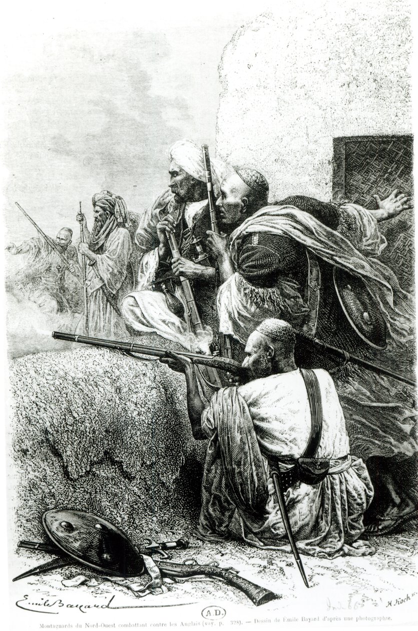 Truppe di montagna afghane nord-occidentali che combattono contro i britannici, inciso da H. Koch da Emile Antoine Bayard