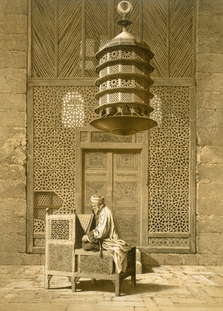 Cairo: Moschea funeraria o sepolcrale del Sultano Barquq, imam seduto che legge il Corano, prima di uno schermo traforato XIV secolo, XIX secolo da Emile Prisse d