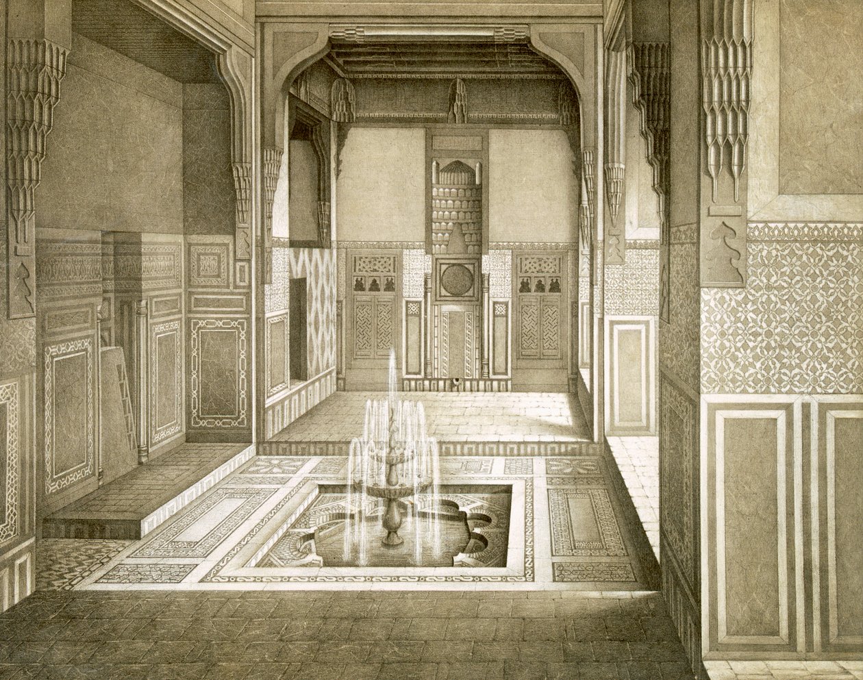 Il Cairo: Mandarah: Sala di ricevimento, piano terra, con piscina e fontana, XIX secolo da Emile Prisse d