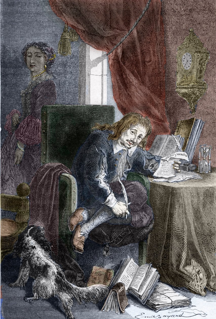 Ritratto dello scrittore francese Paul Scarron (1610-1660) autore di commedie burlesche, rappresentato su una sedia per invalidi, sua moglie Francoise d