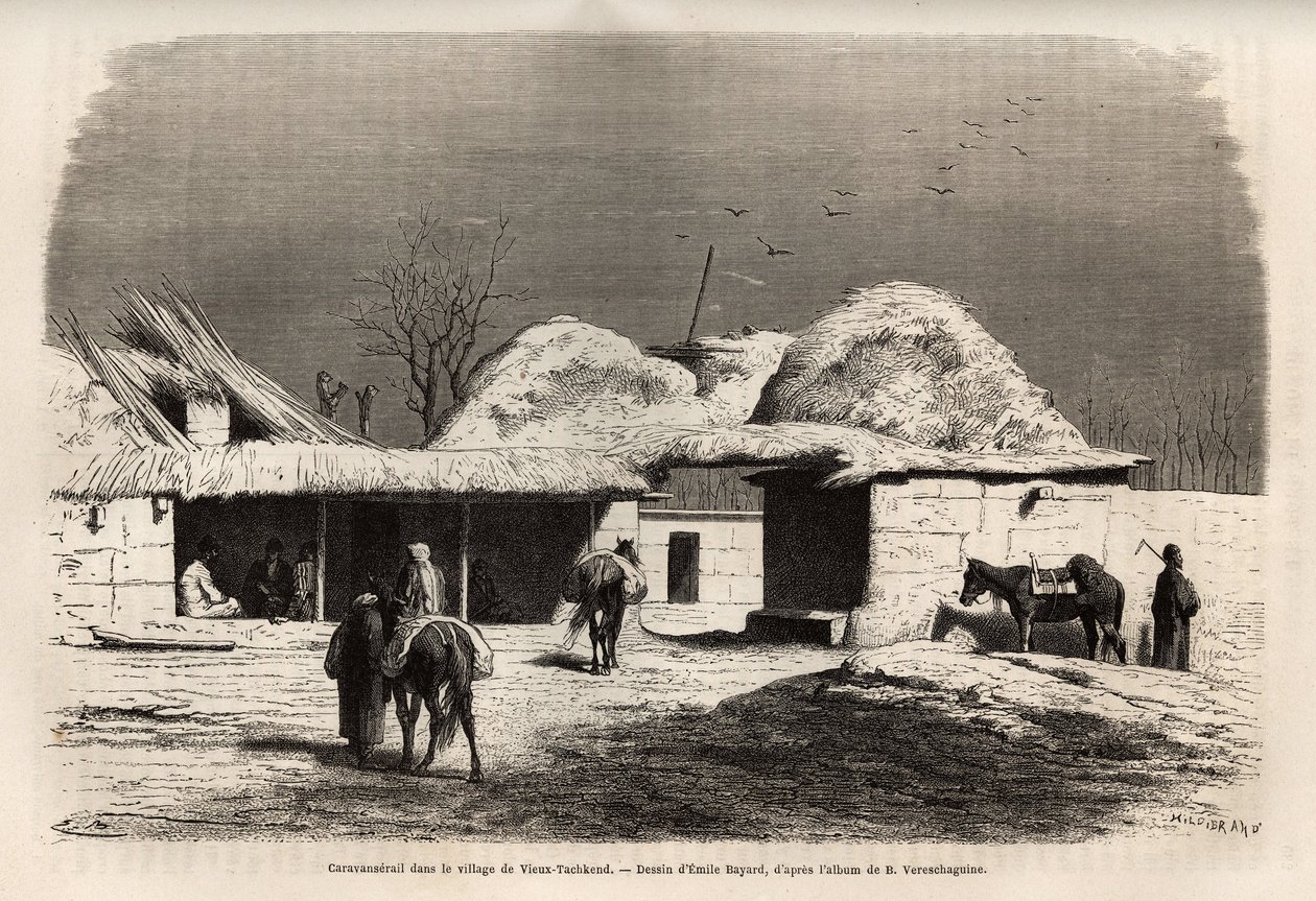 Un caravanserraglio nel villaggio di Vecchio Tashkent (o Tashkend), capitale del Turkestan russo, inciso dal disegno di Emile Bayard, per illustrare il viaggio di Basile Vereschagin in Asia Centrale nel 1867-1868, pubblicato in "Le tour du monde" 1873, a c da Emile Antoine Bayard