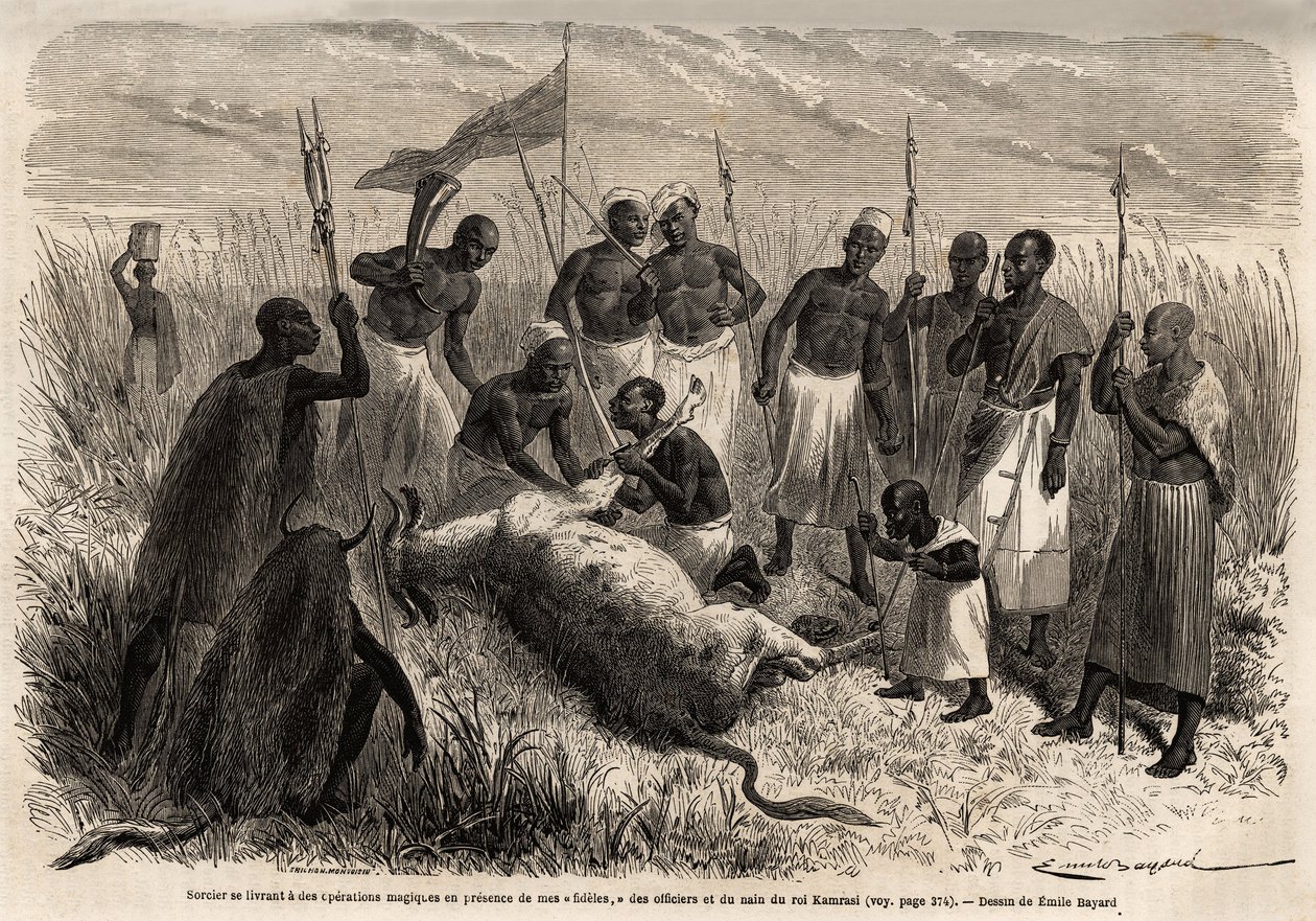 Un mago si impegna in operazioni magiche su un manzo macellato in Uganda, disegno di Emile Bayard (1837-1891), illustrando il viaggio di scoperta del Capitano Speke in Africa dal 1860 al 1863. Incisione in "Le tour du monde", a cura di Edouard Charton da Emile Antoine Bayard