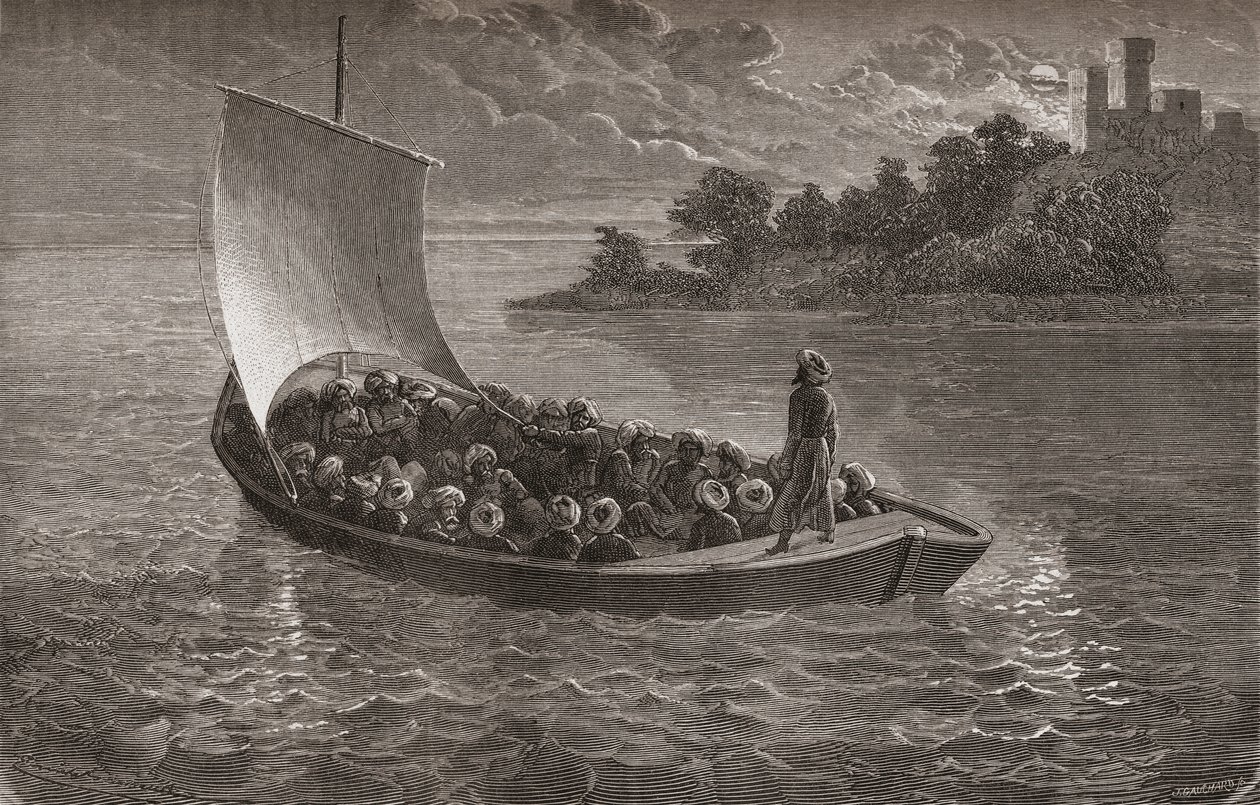 Arminio Vambery e i suoi compagni che navigano il Mar Caspio nel 1863, illustrazione da 