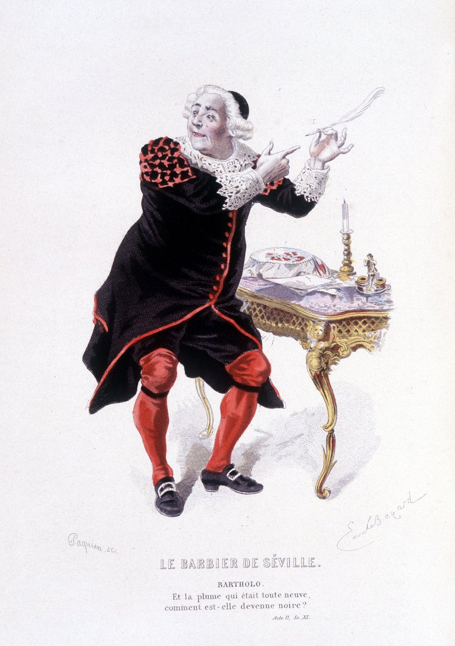 Bartholo nel Barbier de Seville in Ovre complet de Beaumarchais (1732-1799) di Edouard Fournier, Ed. Laplace, Sanchez et Cie, Parigi 1876 (incisione) da Emile Antoine Bayard
