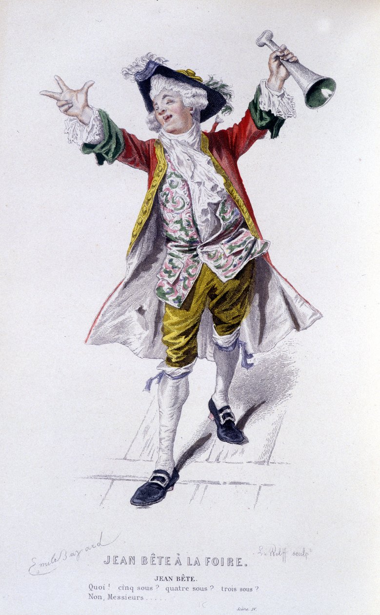 Opera completa di Beaumarchais (1732-1799) di Edouard Fournier. disegno di Emile Bayard. Ed. Laplace, Sanchez et Cie, Parigi 1876. Questo è Jean Beast in "Jean Beast alla Fiera" da Emile Antoine Bayard