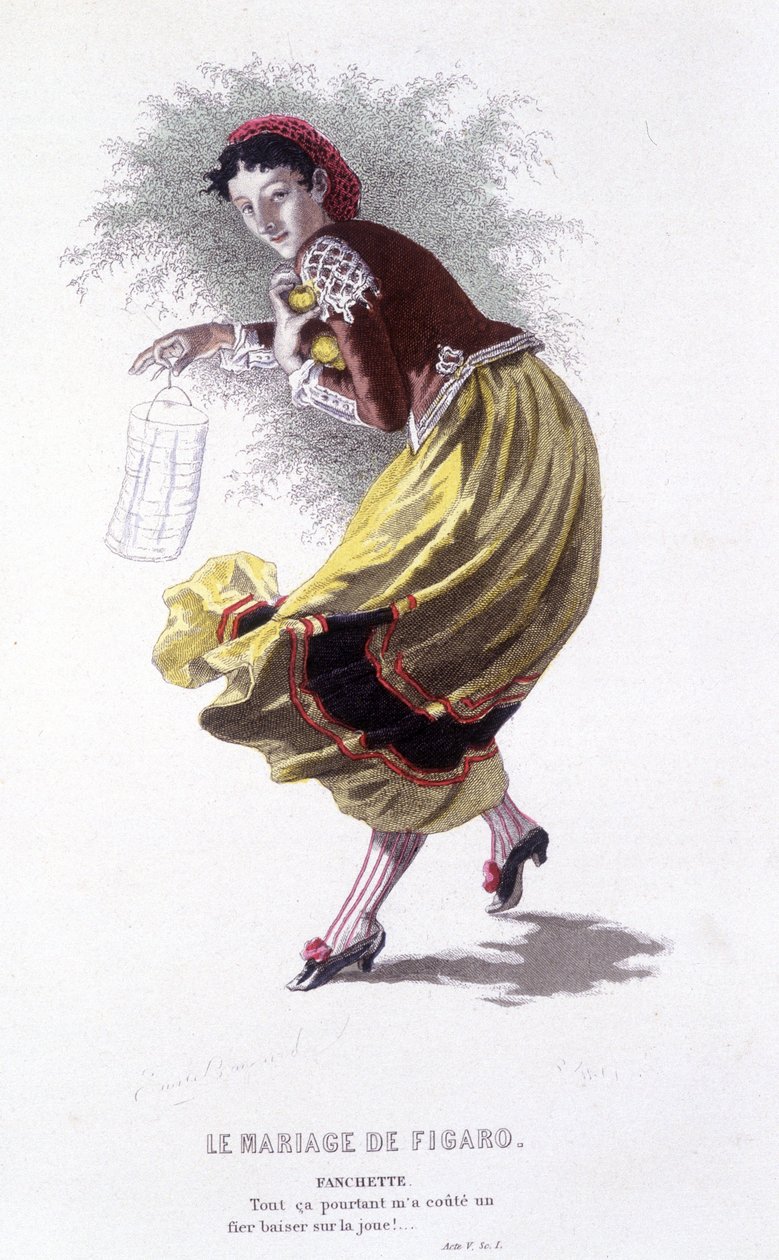 Opera completa di Beaumarchais (1732-1799) di Edouard Fournier. Disegno di Emile Bayard. Ed. Laplace, Sanchez et Cie, Parigi 1876. Questa è Fanchette in "Le nozze di Figaro" da Emile Antoine Bayard
