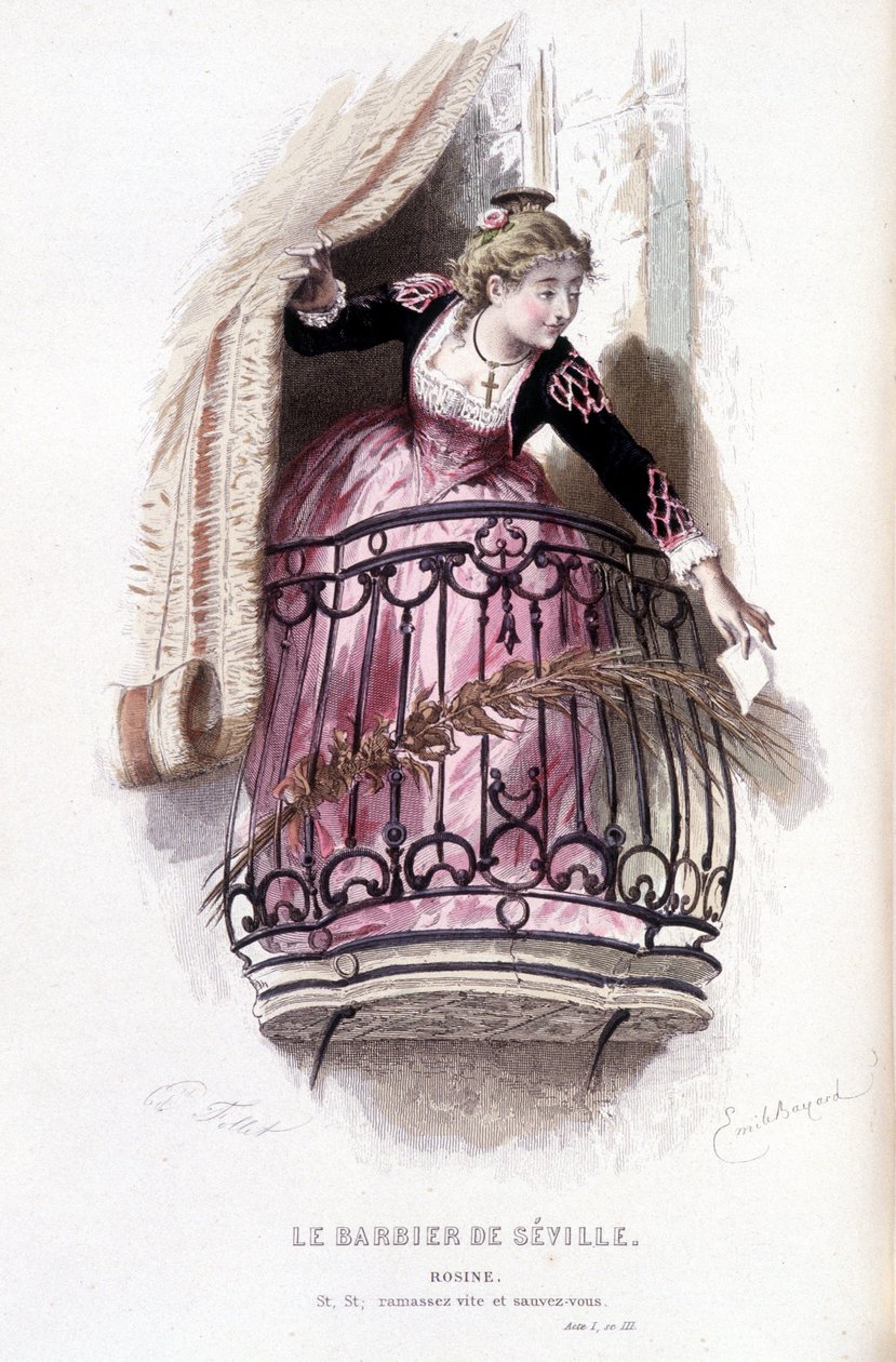 Opera completa di Beaumarchais (1732-1799) di Edouard Fournier. disegno di Emile Bayard. Ed. Laplace, Sanchez et Cie, Parigi 1876. Questa è Rosine in "Il barbiere di Siviglia" da Emile Antoine Bayard