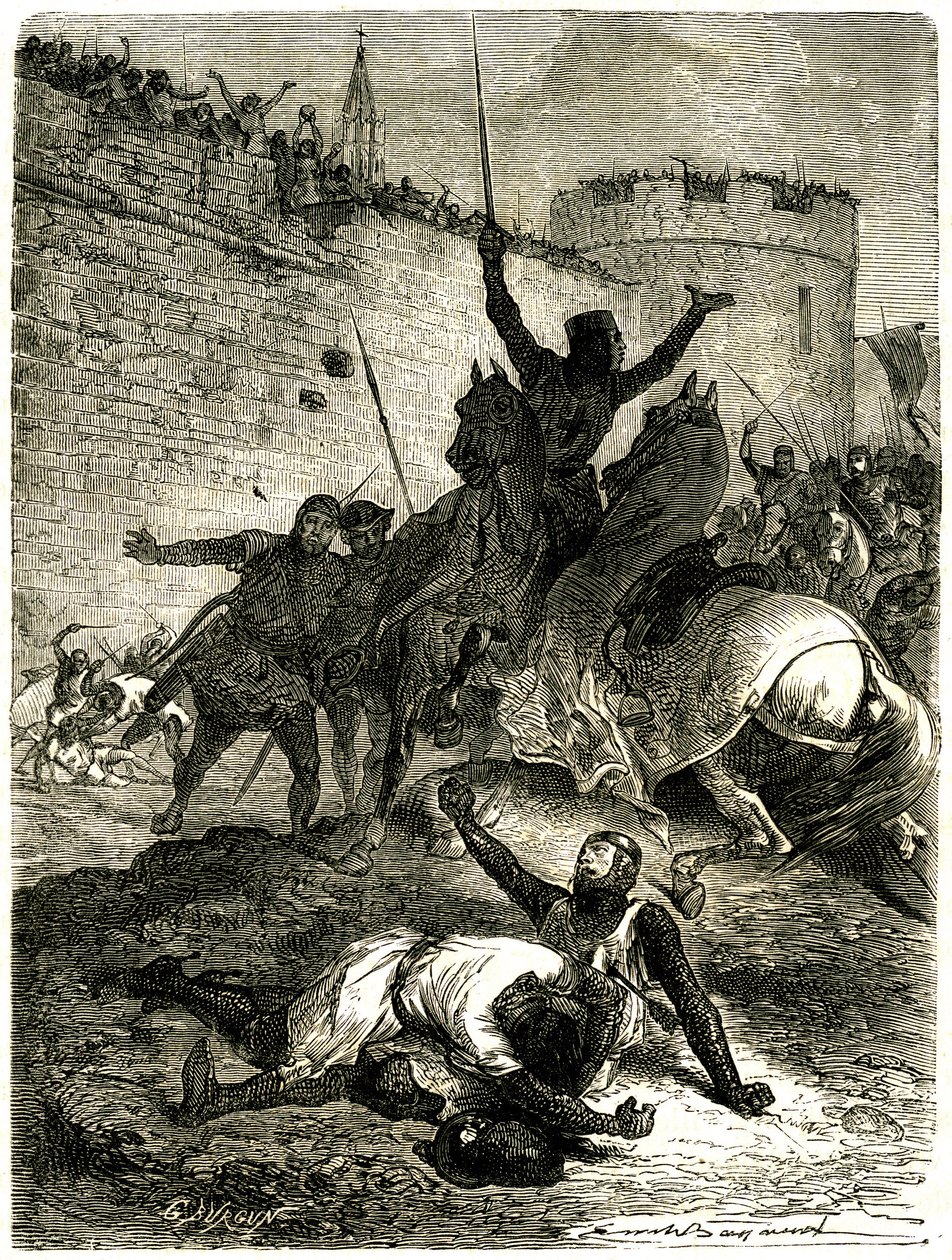 Crociata contro gli Albigesi - Assedio di Tolosa, 25 giugno 1218. Il fratello di Simon de Montfort è appena stato ferito da una freccia, Simon de Montfort stesso sta per essere ucciso da una palla di catapulta lanciata, si dice, da una delle donne di Tolos da Emile Antoine Bayard