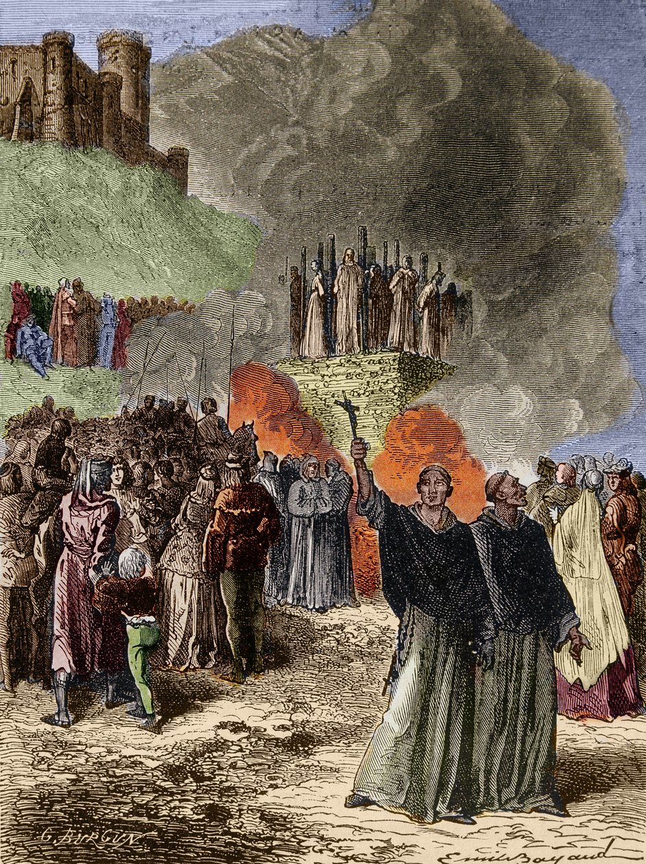 Crociata contro gli Albigesi - Gli ultimi difensori di Montsegur (Catari) bruciati sul rogo nel 1244 - Incisione di Emile Bayard dopo G. Burgun da Emile Antoine Bayard