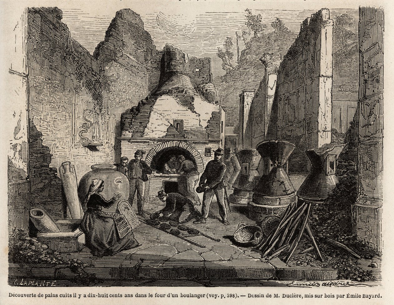 Scoperto vicino a un forno da panetteria e pane conservato nella cenere durante gli scavi del 1864 a Pompei, disegno di Emile Bayard (1837-1891), per illustrare il testo di Marc Monnier (1829-1885) "Pompei e i Pompeiani". Incisione in "Le tour du monde", a da Emile Antoine Bayard