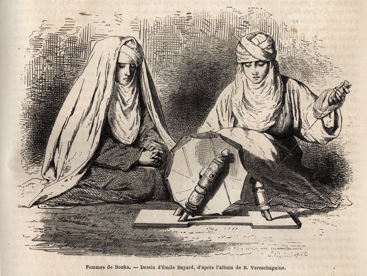 Donne di Bukhara (Uzbekistan), al lavoro per filare, incisione dal disegno di Emile Bayard, per illustrare il viaggio di Basile Vereschaguine in Asia Centrale nel 1867-1868, pubblicato in "Le tour du monde" 1873, a cura di Edouard Charton, Hachette, Parigi da Emile Antoine Bayard