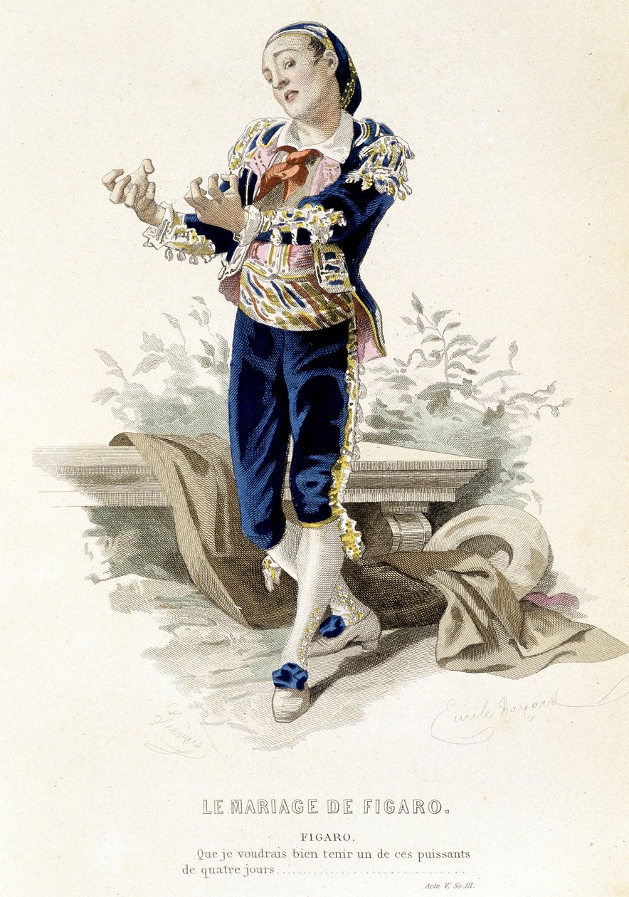 Figaro in “Le nozze di Figaro” - in “Opere complete di Beaumarchais”, disegni di Emile Bayard, ed. Laplace Sanchez & cie, Parigi da Emile Antoine Bayard