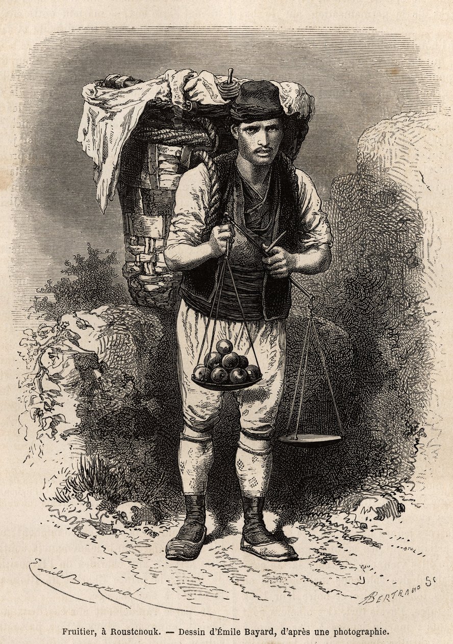 Fruttivendolo, un mercante itinerante di frutta fresca, con il suo cappuccio di trasporto e la bilancia portatile sulla schiena, a Roustchouk (Romania), incisione dal disegno di Emile Bayard, illustrando il viaggio in Bulgaria, di Guillaume Lejean, nel 186 da Emile Antoine Bayard