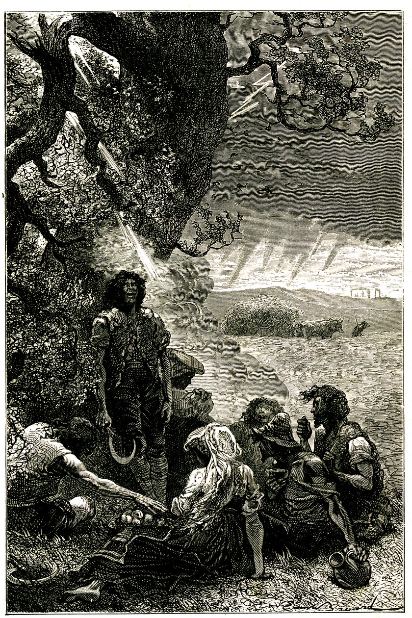 Gruppo di raccoglitori colpiti da un fulmine mentre si riparano sotto un albero durante un temporale da Emile Antoine Bayard