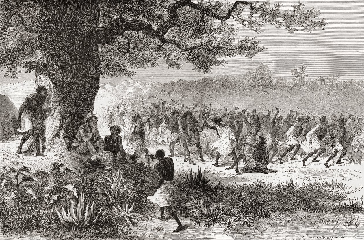 Henry Morton Stanley osserva la tribù Vouagogos prepararsi per la battaglia durante la sua spedizione nel 1871, illustrazione da 