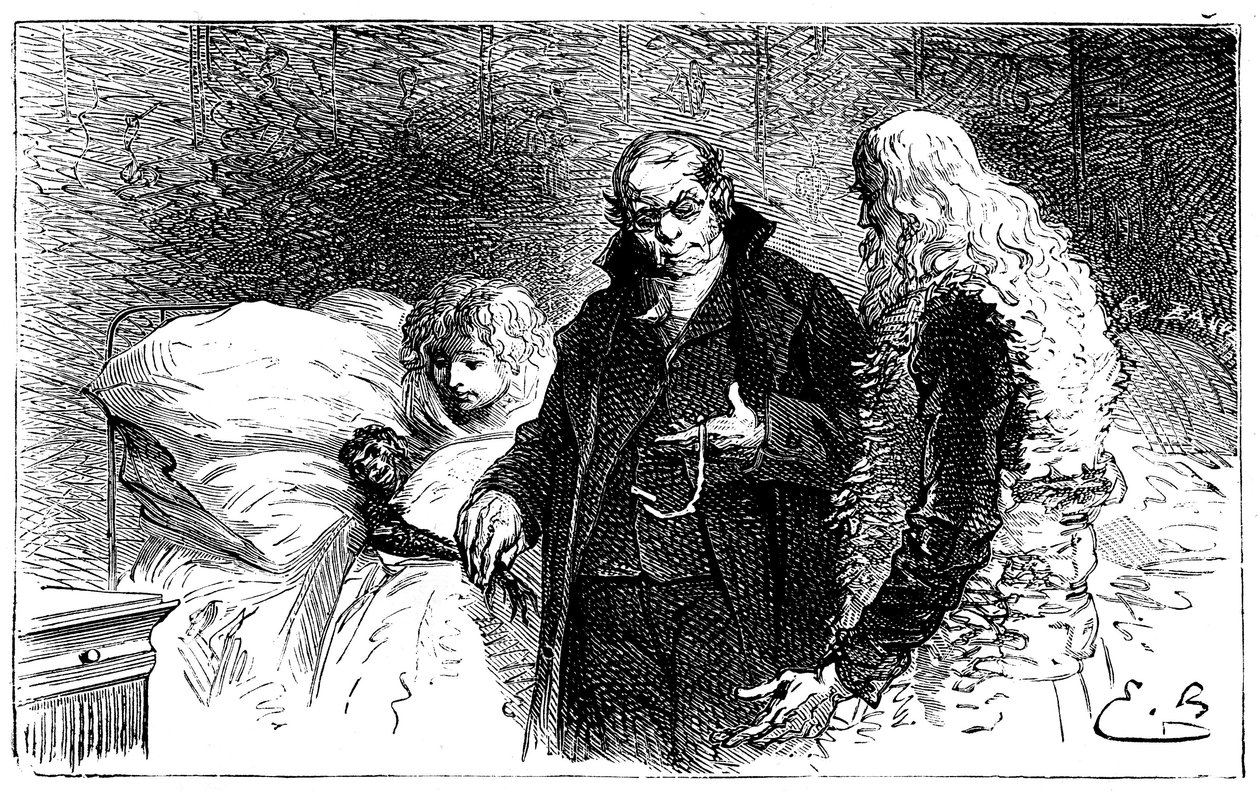 Illustrazione di Emile Bayard per il romanzo di Hector Malot “Senza Famiglia”: Joli-Coeur (cuore bello), la scimmia scienziata malata è esaminata da un medico (auscultata da un medico che gli prende il pollo) alla presenza di Remi e Monsieur Vitalis da Emile Antoine Bayard