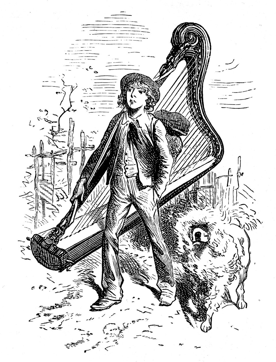 Illustrazione di Emile Bayard per il romanzo di Hector Malot “Senza Famiglia”: Remi con il suo amico il cane Capi e la sua arpa - Edizione Hetzel 1880 - da Emile Antoine Bayard