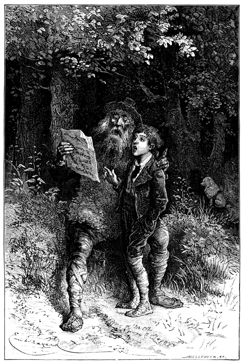 Illustrazione di Emile Bayard per il romanzo di Hector Malot "Sans Famille": Remi canta con Monsieur Vitalis, artista itinerante - musicista di strada, saltimbanco - Edizione Hetzel 1880 da Emile Antoine Bayard