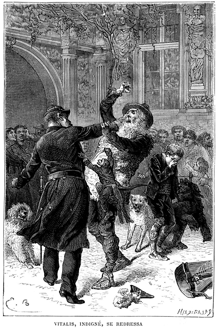 Illustrazione di Emile Bayard per il romanzo di Hector Malot "Senza Famiglia": a Tolosa, Monsieur Vitalis, indegno, viene arrestato da un poliziotto davanti a Remi e ai suoi amici, gli animali sapienti della troupe: Joli-Coeur (cuore carino), la scimmia e da Emile Antoine Bayard