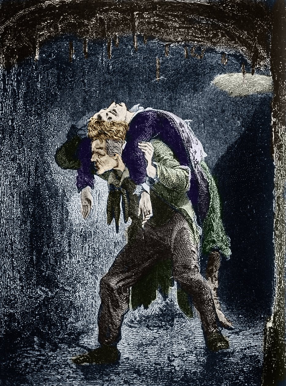 Jean Valjean, Marius ferito sulla schiena, fuggendo nell