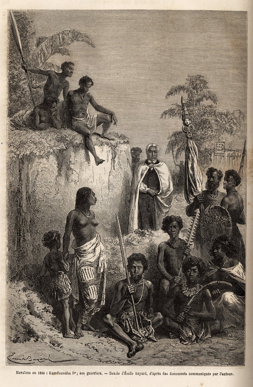 Kamehameha I, re delle Isole Hawaii e fondatore della loro unità, circondato da guerrieri hawaiani e alcuni sudditi a Honolulu, incisione dal disegno di Emile Bayard, illustrando il viaggio alle Isole Sandwich, nel 1855-69, di C da Emile Antoine Bayard