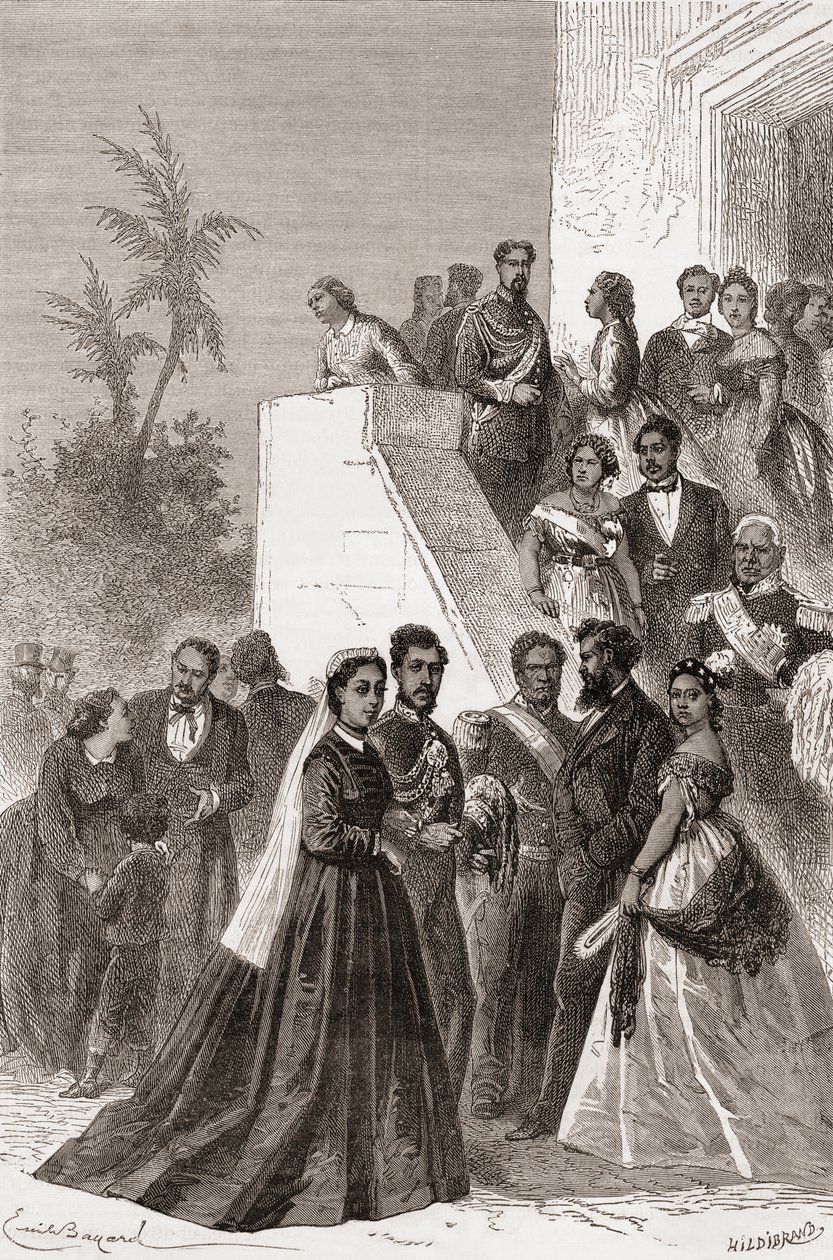 Kamehameha V, al centro, con la sua famiglia, illustrazione da 