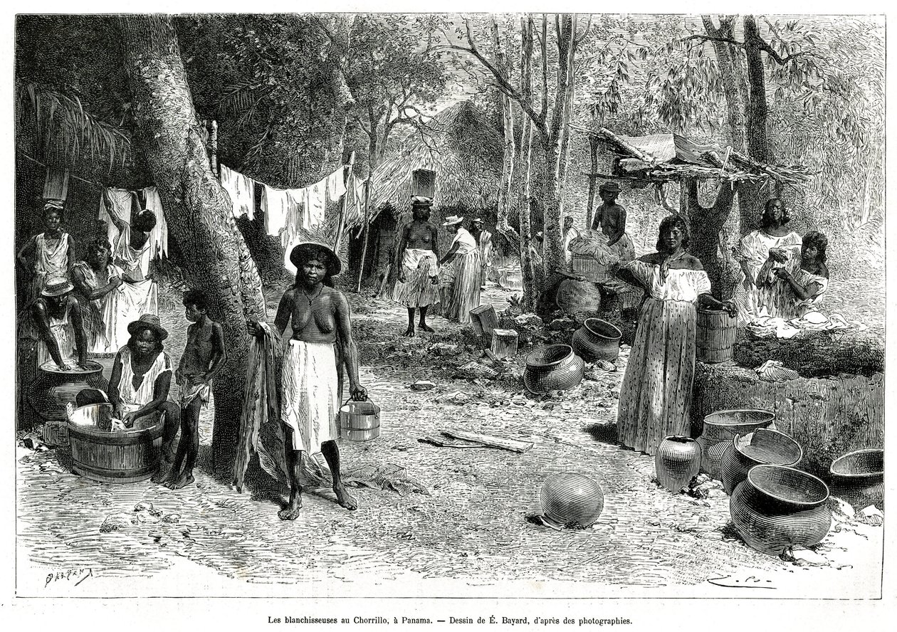 Le lavandaie al Chorillo, Panama, incisione dal disegno di E.Bayard, per illustrare la storia Esplorazione agli istmi di Panama e Darien, di A. Reclus, tenente di nave, dal 1876 al 1878, pubblicato in Le tour du monde da Emile Antoine Bayard