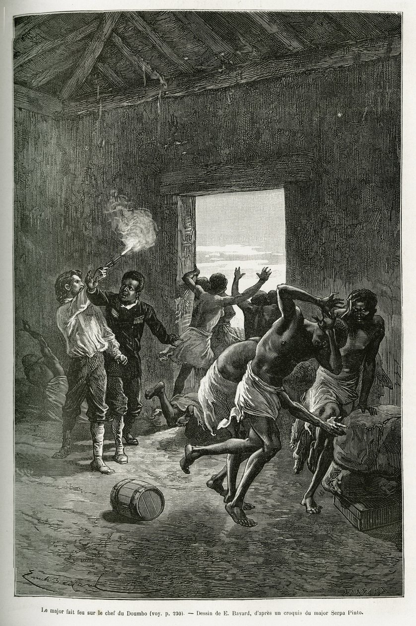 Il maggiore Serpa Pinto sparò al capo del villaggio o si fermò perché chiedeva ancora più brandy in cambio della sua ospitalità. Incisione di Emile Bayard, per illustrare la storia di come ho attraversato l