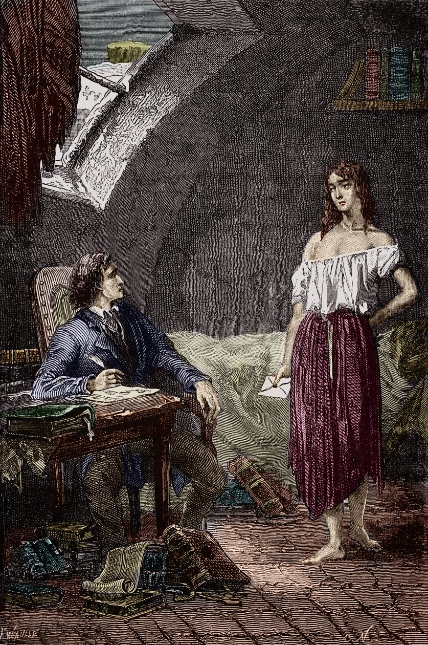 Marius ed Eponine, figlia maggiore dei Thenardier e innamorata di Marius Illustrazione del romanzo "I Miserabili" di Victor Hugo (1802-1885) Illustrazione di Emile Bayard - (Eponine Thenardier (ragazza Jondrette) e Marius) Incisione Collezione privata da Emile Antoine Bayard