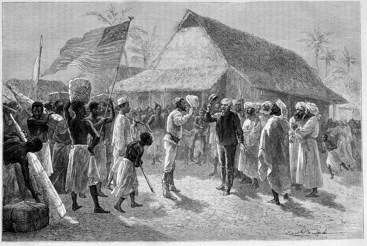 Incontro tra Sir Henry Morton Stanley (1841-1904) e David Livingstone (1813-1873), in "Le Tour du Monde" da Emile Antoine Bayard