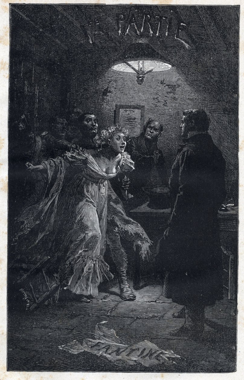 Monsieur Madeleine viene in soccorso di Fantine al momento del suo arresto da parte di Javert - Illustrazione di Emile Bayard (1837-1891) per "I miserabili - Prima parte: Fantine" di Victor Hugo (1802-1885) 1862 da Emile Antoine Bayard