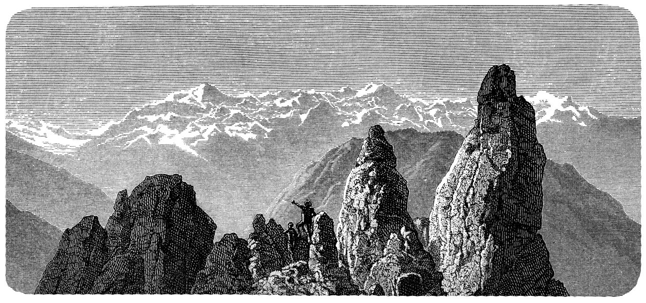 Vetta montuosa chiamata Pierre a Voir vicino alle terme di Saxon nelle Alpi svizzere. Illustrazione di Emile Bayard per il libro di Albert Dupaigne 