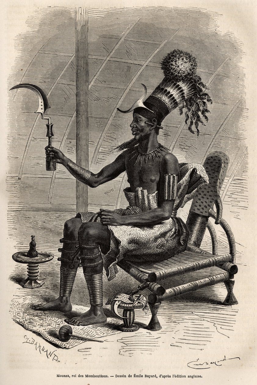 Mounza, re dei Mombuttous (tribù del Sudan), con un copricapo a forma di ciambella coperto da un cappello cilindrico adornato con piume di pappagallo, una placca di rame a forma di mezzaluna attaccata alla fronte, un collare di lastre di rame intorno al co da Emile Antoine Bayard