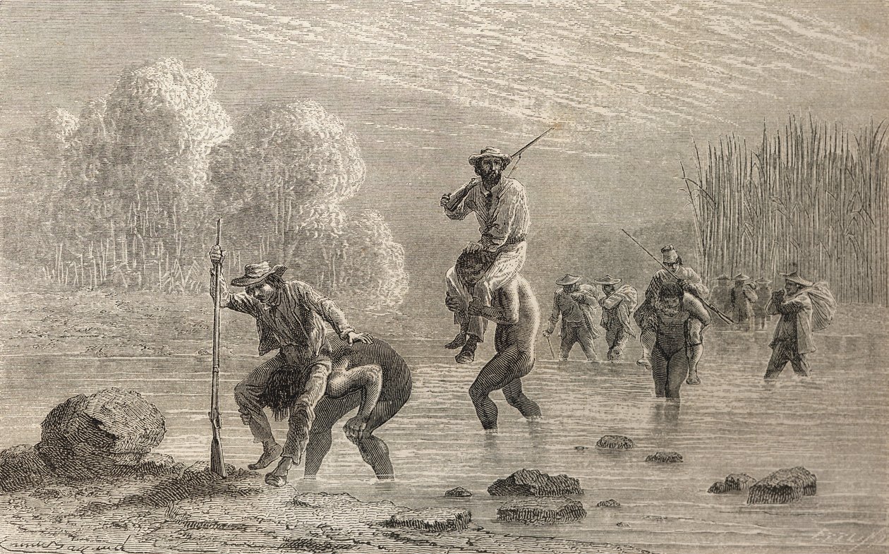Paul Marcoy e la sua spedizione trasportati attraverso una palude in Argentina dagli indiani Chuncho nel 1874, illustrazione da 