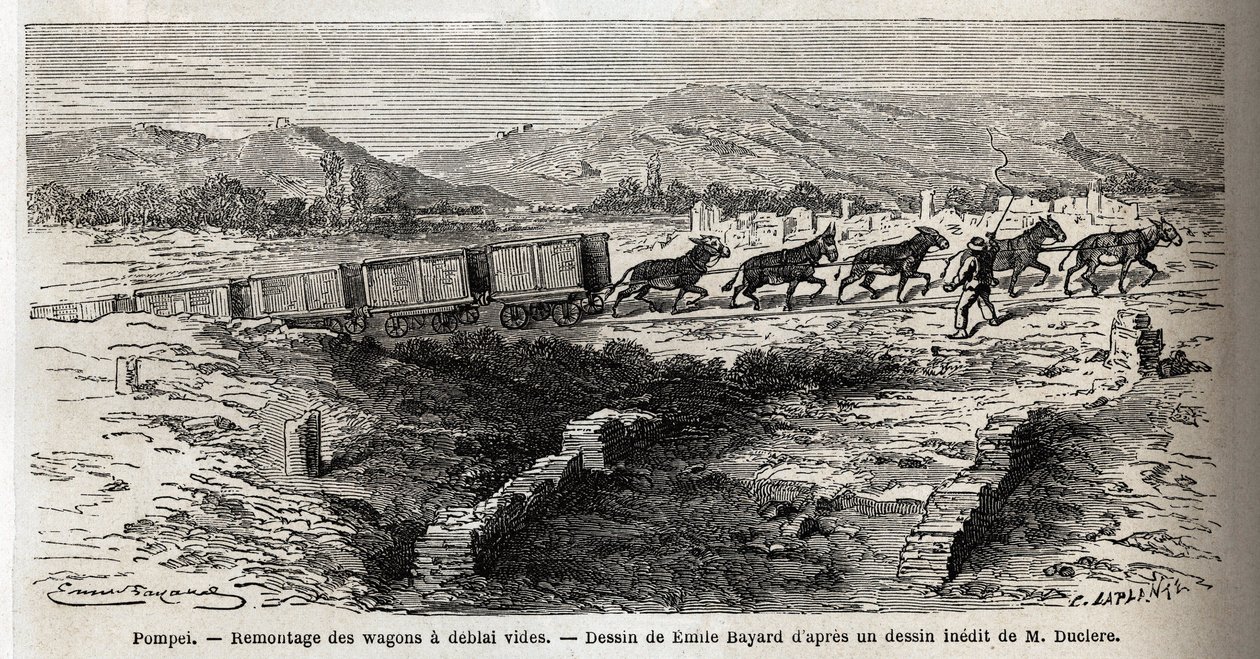 Rimontaggio di carri vuoti durante gli scavi del 1864 a Pompei, disegno di Emile Bayard (1837-1891), per illustrare il testo di Marc Monnier (1829-1885) "Pompei e i Pompeiani". Incisione in Le tour du monde, a cura di Edouard Charton da Emile Antoine Bayard