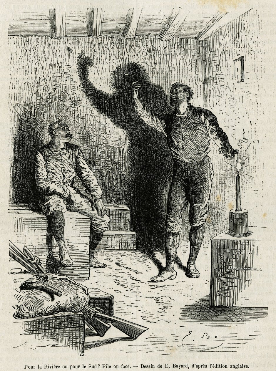 Sir Henri Morton Stanley (1841-1904) e Franck Pock, suo compagno di esplorazione, decidono a testa o croce l