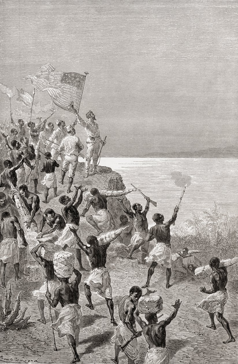 Stanley e la sua spedizione vedono per la prima volta il Tanganica, Africa orientale, nel 1872, illustrazione da 