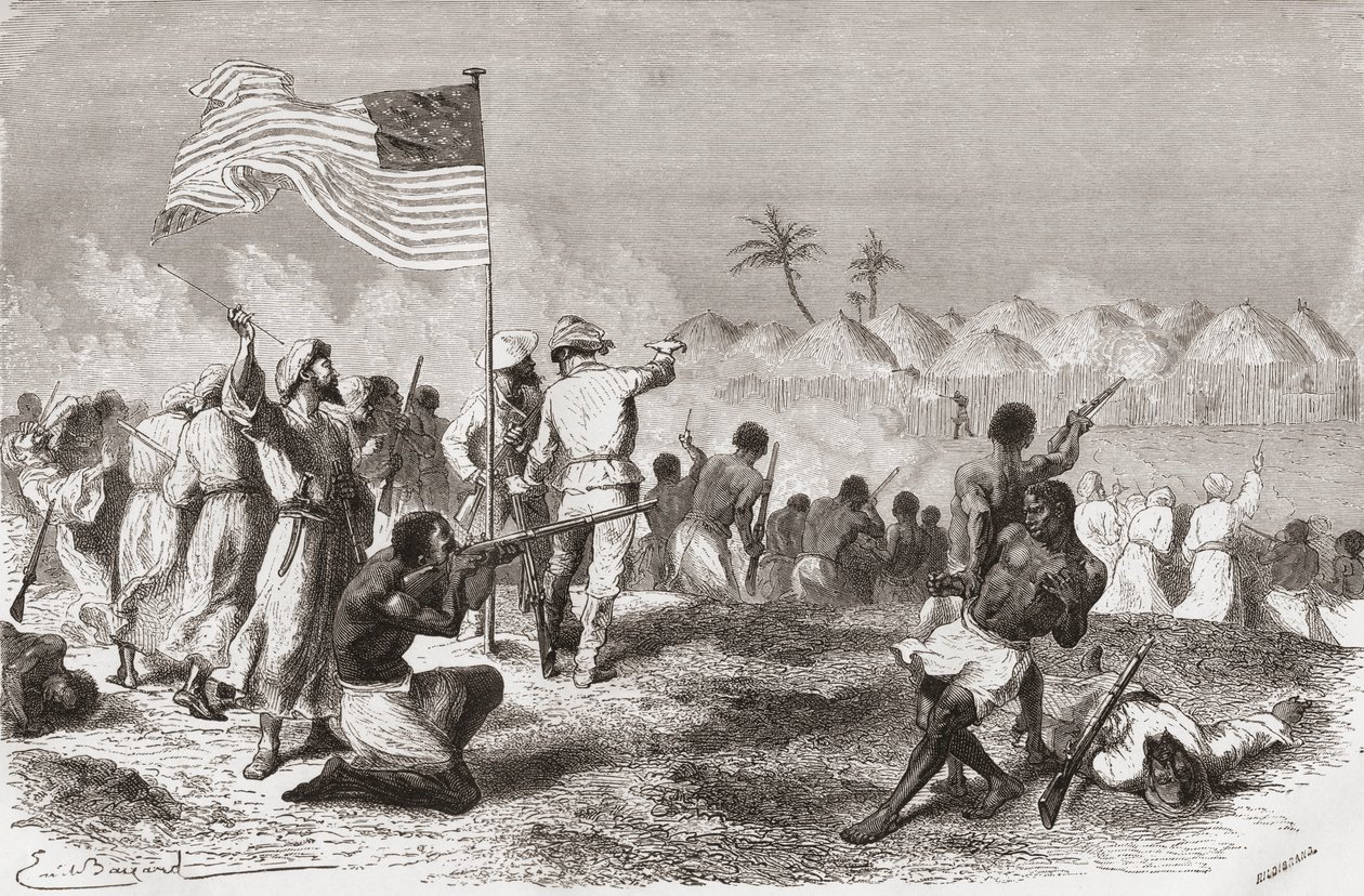 Attacco di Stanley a Zimbizo durante la sua spedizione nel 1871, illustrazione da 