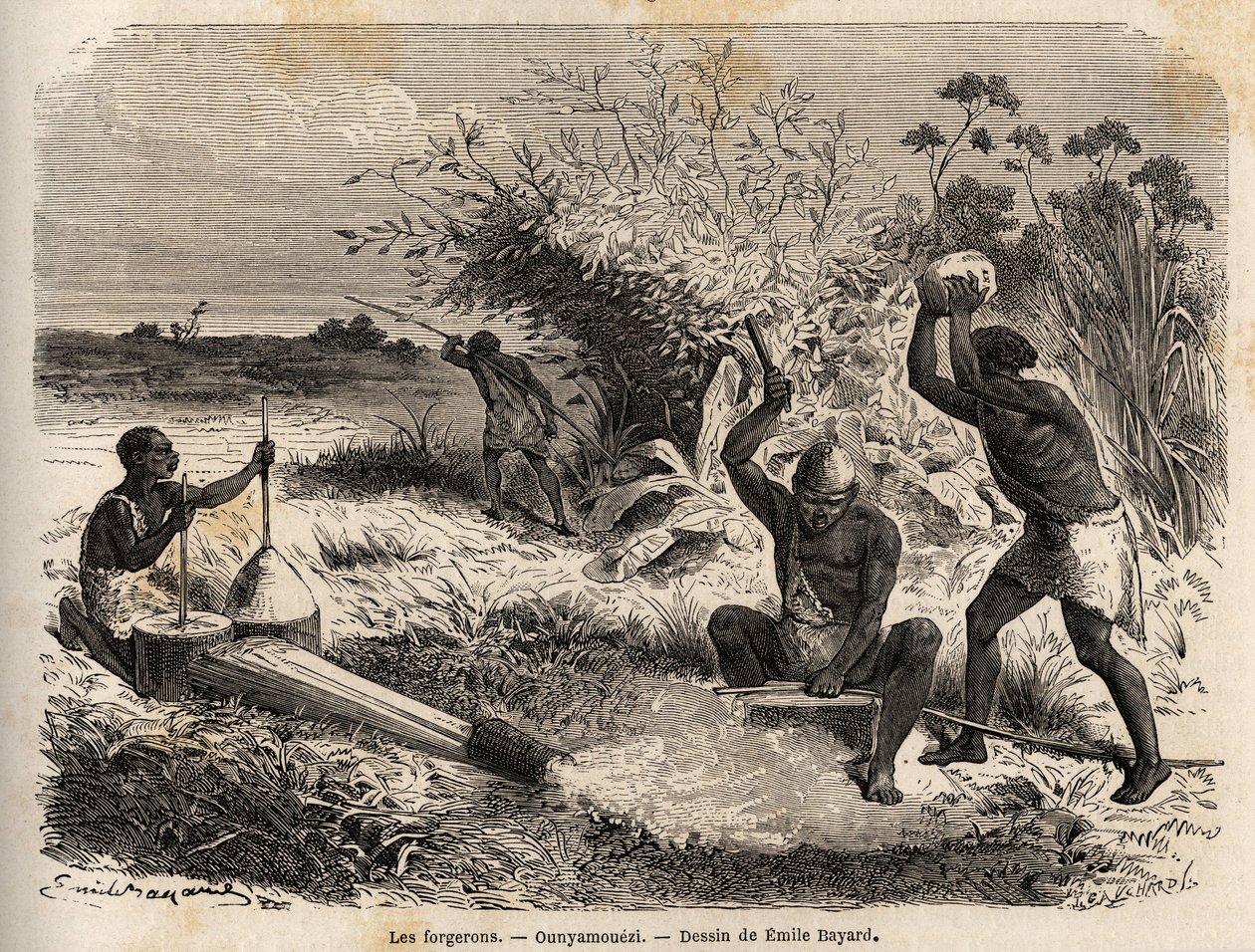 I fabbri, nella regione dei Grandi Laghi, Africa, disegno di Emile Bayard (1837-1891), illustrando il viaggio di scoperta in Africa, dal 1860 al 1863 del Capitano Speke. Incisione in "Le tour du monde", a cura di Edouard Charton da Emile Antoine Bayard