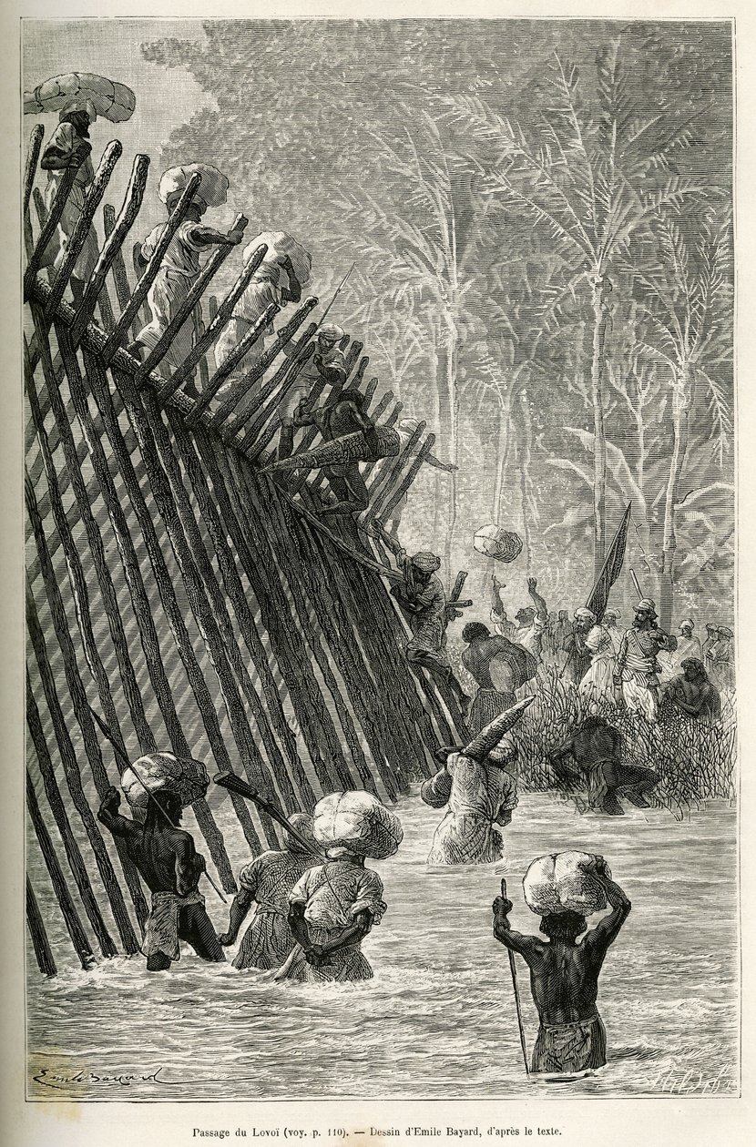 Il passaggio del fiume Lovoi (o fiume del diavolo) (regione del Katanga, Congo) dalla spedizione, disegno di Emile Bayard, per illustrare il viaggio attraverso l