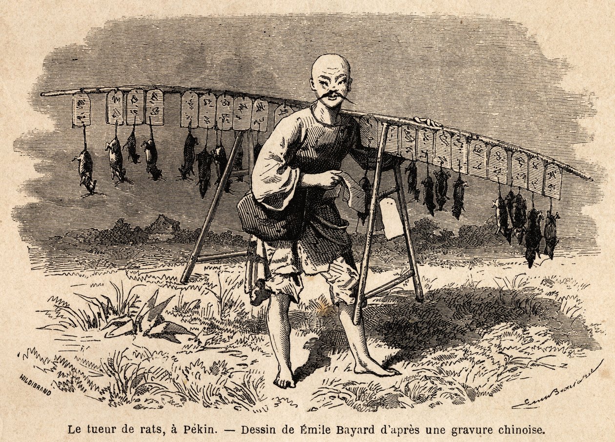Il cacciatore di topi a Pechino. Disegno di Emile Bayard, per illustrare il viaggio da Shanghai a Mosca, dal 1859 al 1862, di M. de Bourboulon, Ministro di Francia in Cina. Incisione in “Le tour du monde”, edito da Edouard Charton da Emile Antoine Bayard