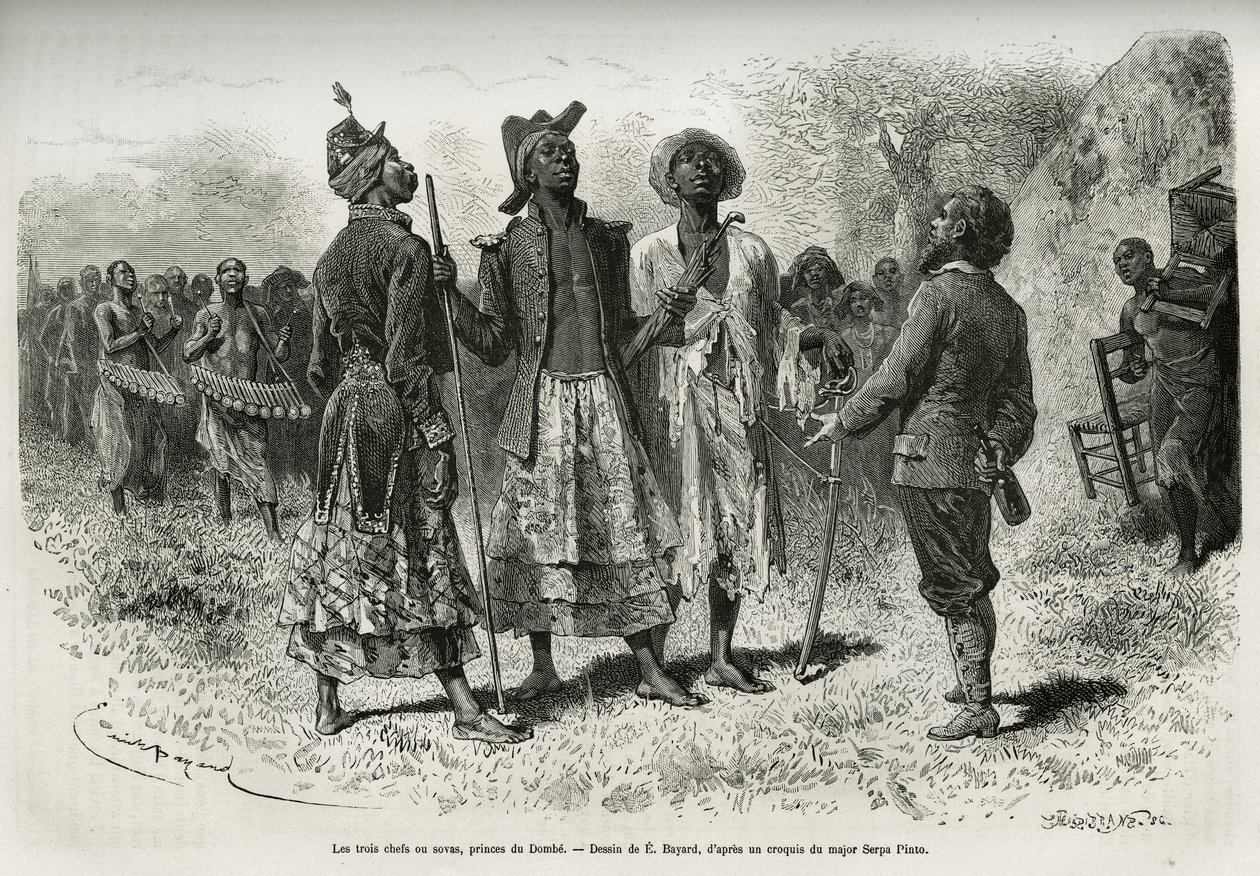 I tre conduttori (o sovas), principi di Dombe (Angola), e il loro seguito di musicisti e cortigiani, che vengono a incontrare l
