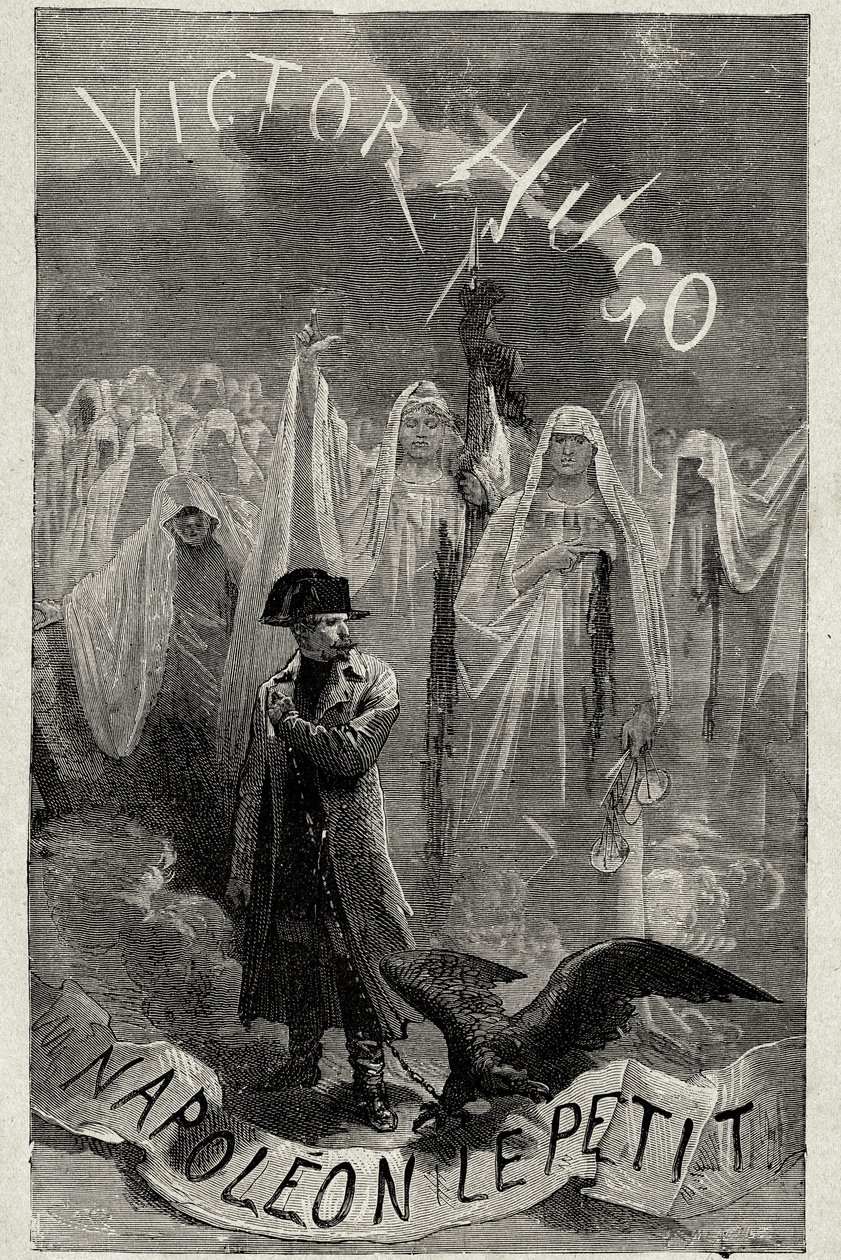 Pagina del titolo del libro di Victor Hugo "Napoleone il Piccolo" (Napoleone 3 che tiene una catena d