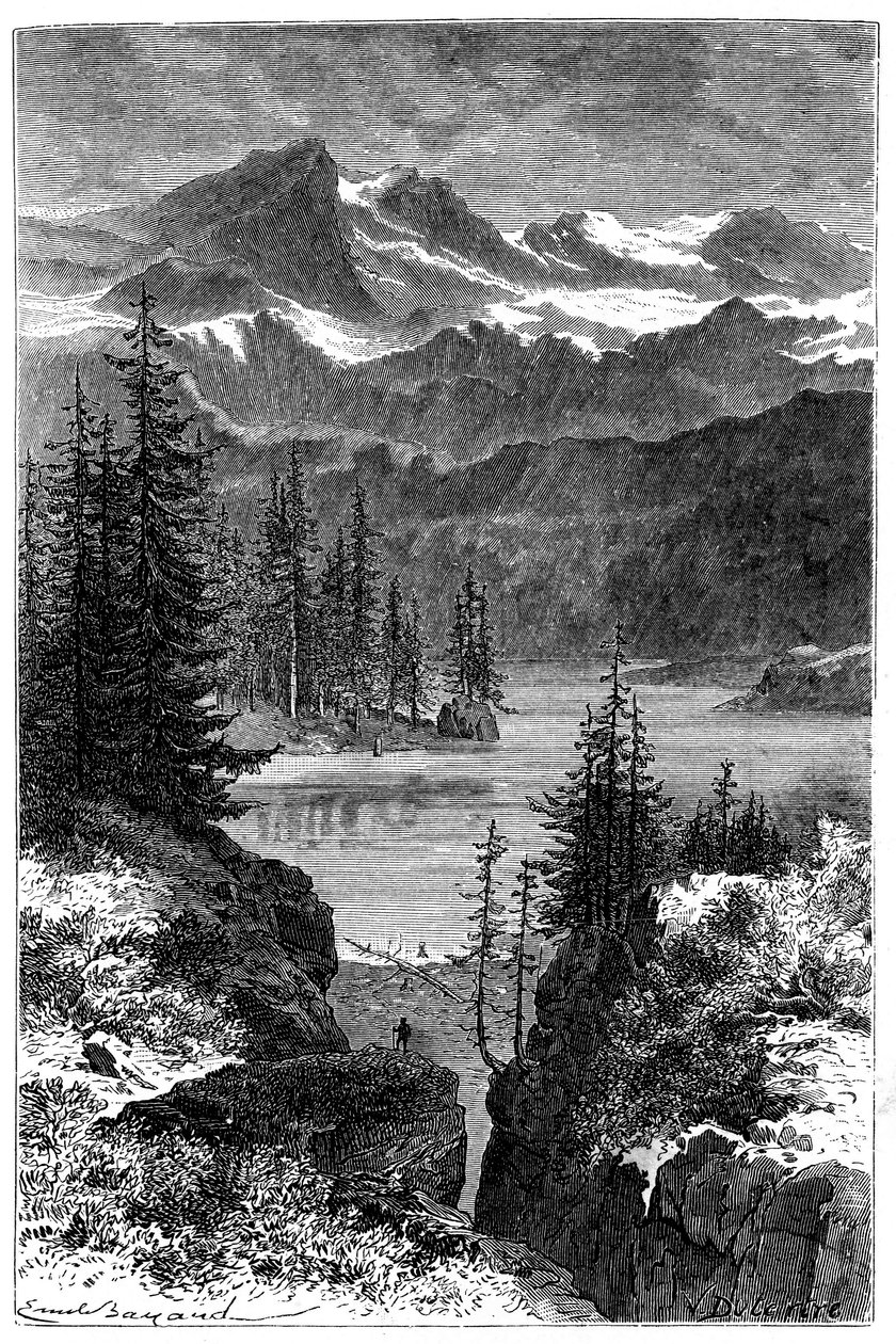 Vista delle Alpi: foresta, lago, cime. Illustrazione di Emile Bayard per il libro Les Montagnes di Albert Dupaigne, edizione Mame 1881. da Emile Antoine Bayard