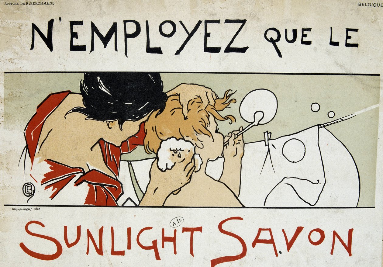 Usa solo sapone Sunlight, madre che fa il bagno al figlio e bucato steso - di Berchmans, fine XIX secolo da Émile Berchmans